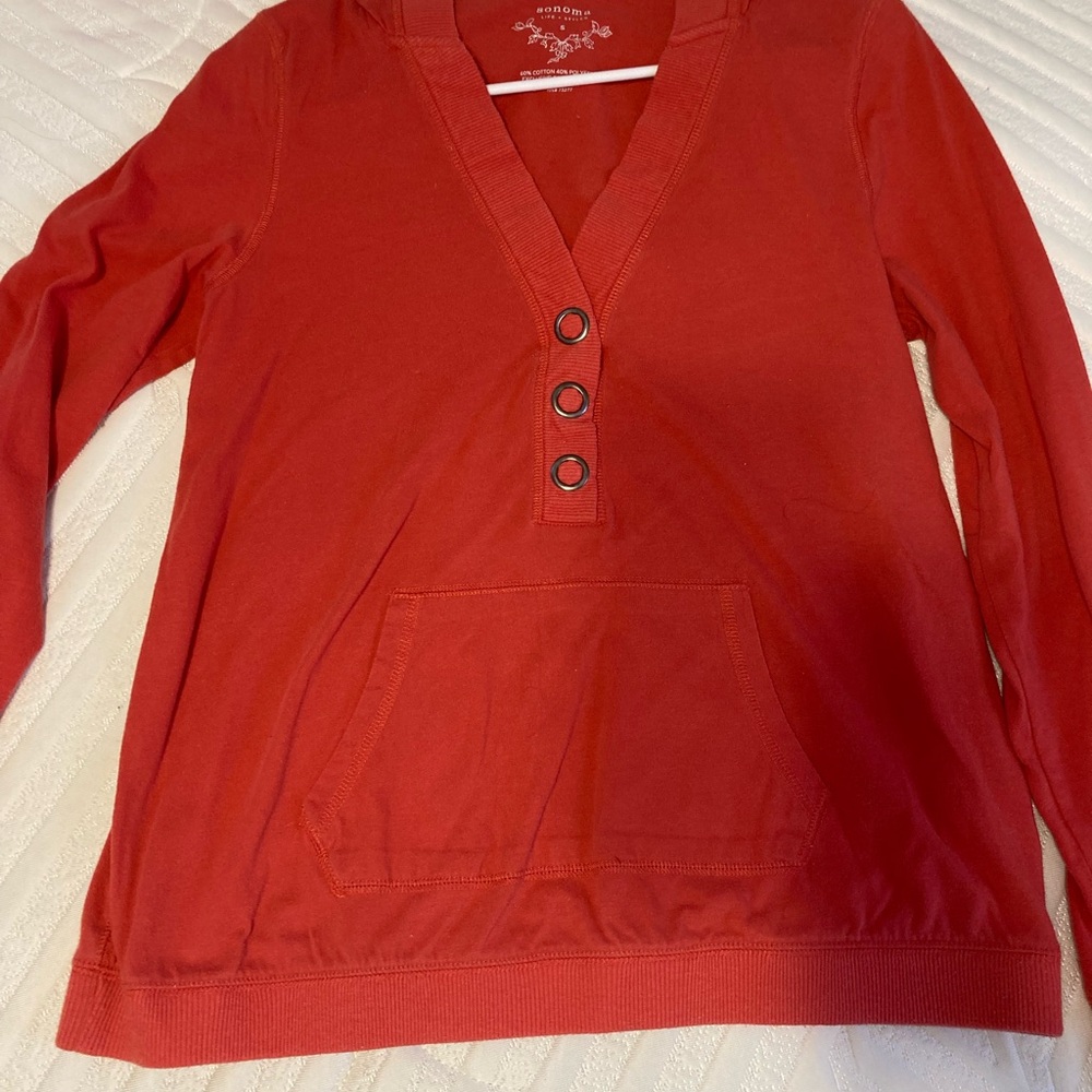 Sonoma Women's Red/Orange V-Neck Sweater with Button Accents